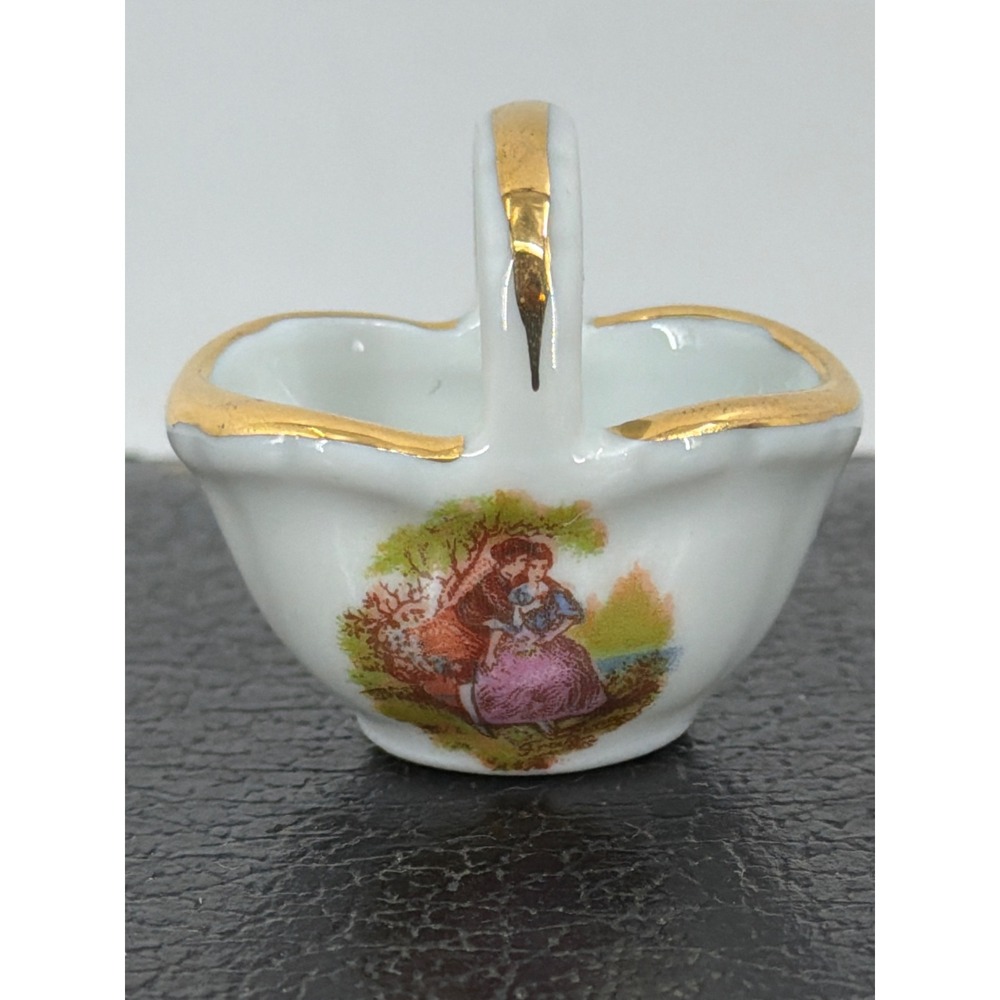 Vintage Limoges Castel Porcelain Miniature Basket Fragonard Courting Couple Gold